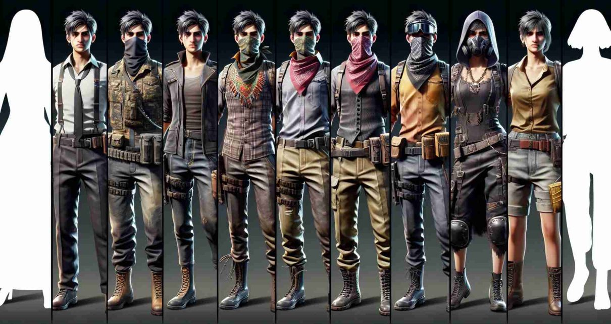 A high-definition and realistic depiction of the evolution of distinct character outfits within the newest updates of a popular battle royale video game. These outfits range from simple garb to highly decorated and themed attires, showcasing different stages in the game's season. Each outfit should be displayed in contrasting backgrounds to emphasize their unique elements.