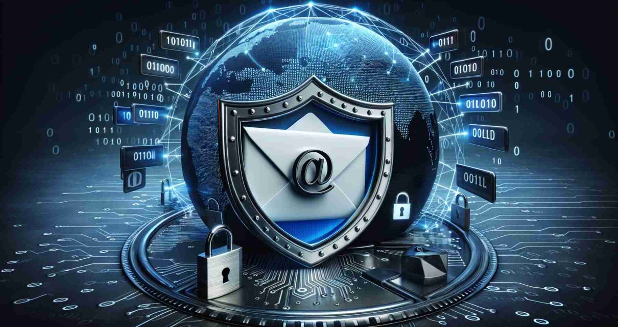 A detailed and realistic high-definition depiction of a novel internet technology concept: a shielded email feature by a prominent search engine company. The scene should convey online privacy and security, perhaps illustrating an email enveloped in a protective shield. Please include associated elements like a padlock symbol (sign of security), binary code (representing digital technology), and a world map or globe (indicating worldwide web). The overall composition should represent the revolutionizing impact of this new email privacy feature on global communication.