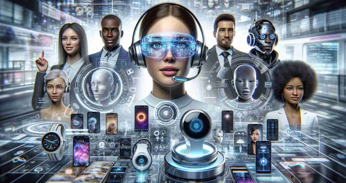 A high-definition, photorealistic image depicting the future of digital interaction through revolutionary virtual assistants. Show various advanced tech devices like futuristic glasses, smart watches, tablets, and headphones, equipped with highly intelligent virtual assistants. Display the interaction between these devices and humans, illustrating a symbiotic relationship. The humans should vary in gender and descent, including a Caucasian woman, a Hispanic man, a South Asian woman, and a Black man to showcase diverse interaction. The background could be an ultra-modern urban setting peppered with other elements of cutting-edge technology.