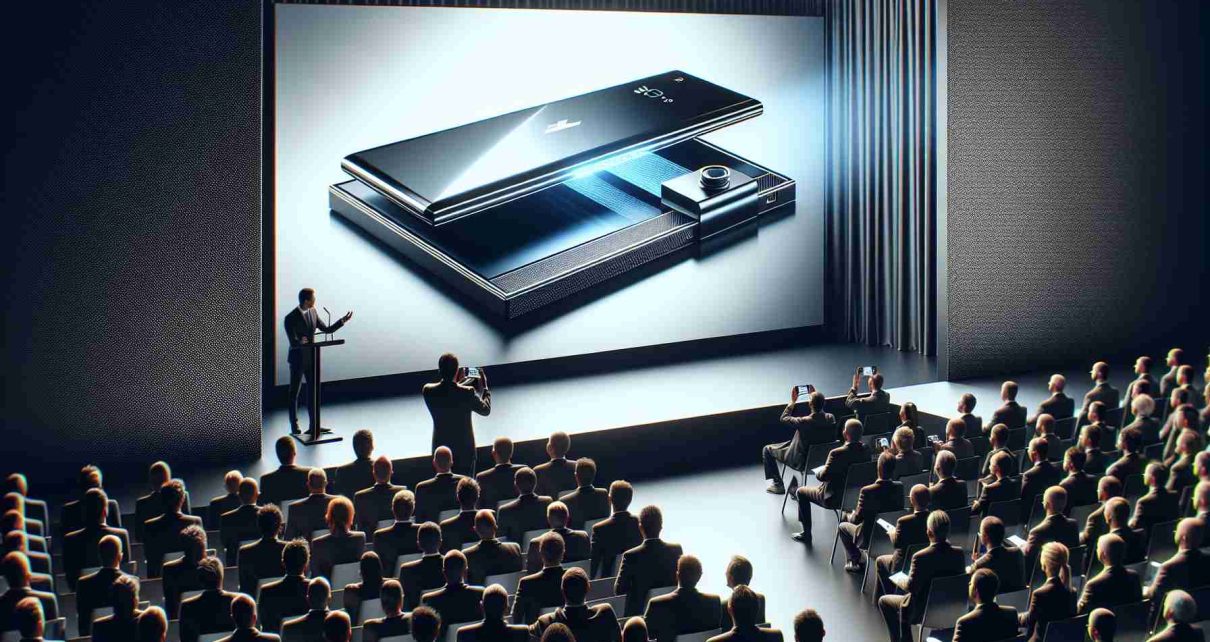 Detailed, high-definition image showcasing the unveiling event of a revolutionary image creation gadget by a prominent technology company. The scene should include close-ups of the groundbreaking tool with its sleek design, a backdrop displaying the company's logo, and reactions from the amazed audiences. However, do not include any real company logos or brand names.