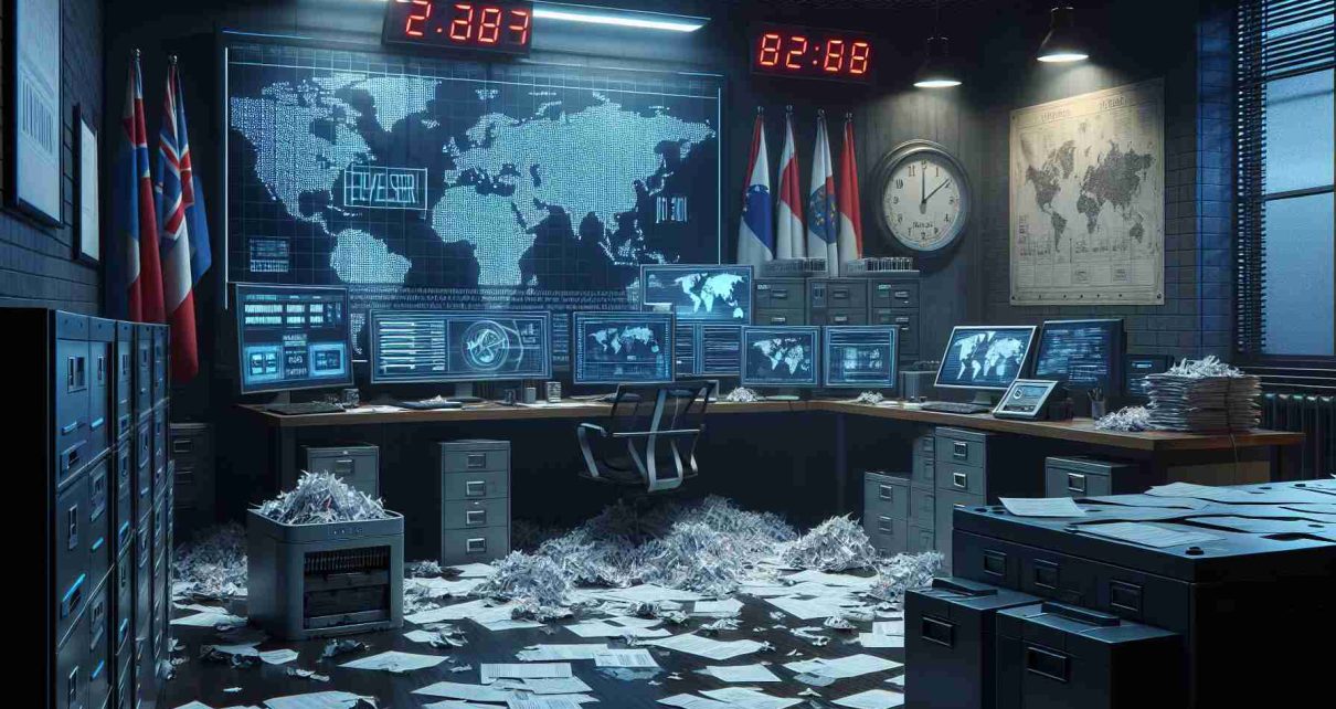 High-definition image demonstrating a scenario of uncovered international espionage and security breaches. It features a gloomy office room filled with strategically strewn classified documents. In the middle of the room, a large monitor displaying a world map with marked hotspot zones indicating security breakdowns. On the side, there are paper shredders with torn pieces of classified information. Also, a computer featuring decoded messages clearly depicting the danger. Lastly, the room's walls are adorned with international flags and a digital clock ticking, symbolizing the urgency of the situation.