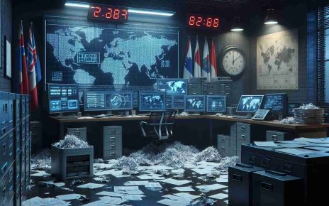 High-definition image demonstrating a scenario of uncovered international espionage and security breaches. It features a gloomy office room filled with strategically strewn classified documents. In the middle of the room, a large monitor displaying a world map with marked hotspot zones indicating security breakdowns. On the side, there are paper shredders with torn pieces of classified information. Also, a computer featuring decoded messages clearly depicting the danger. Lastly, the room's walls are adorned with international flags and a digital clock ticking, symbolizing the urgency of the situation.