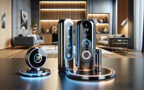 Realistic high definition image showing a couple of smart home devices with an innovative design. These devices are from a future where technology is more advanced, making them more streamlined, compact, and aesthetic. The smart home appliances include an AI-controlled thermostat, a smart lock, and a futuristic smart home hub. In the background, there is the interior of a modern, stylish living room where the smart devices are integrated. The smart devices have a sleek design and are made of polished metal with futuristic digital displays showing various readouts.