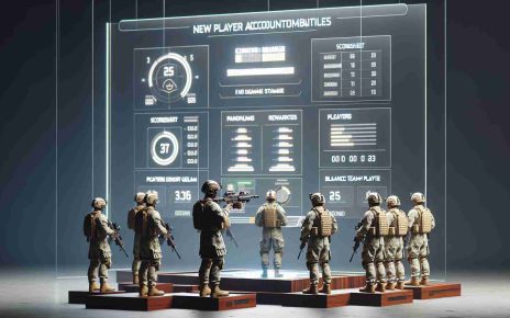 Generate a high-definition scene for a hypothetical video game with a military theme. The scene should show new player accountability measures, such as scoresheets displaying fair game statistics, players receiving penalties for misconduct, and rewards for balanced team play. It should have a modern, realistic aesthetic with attention to detailed combat uniforms, weaponry, and cutting-edge technology interface.