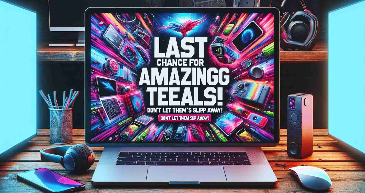 An image of text displayed in a clear, bold font saying: 'Last Chance for Amazing Tech Deals! Don’t Let Them Slip Away!' The background should be vivid and full of tech-related items, like laptops, smartphones, smartwatches, gaming gears showing that they are on sale. The picture should be dynamic and engaging to portray the urgency and appeal of the deals. The image should convey the concept of a fleeting opportunity, emphasizing the statement 'Last Chance'. The photo should be in high-resolution to maintain the realism.