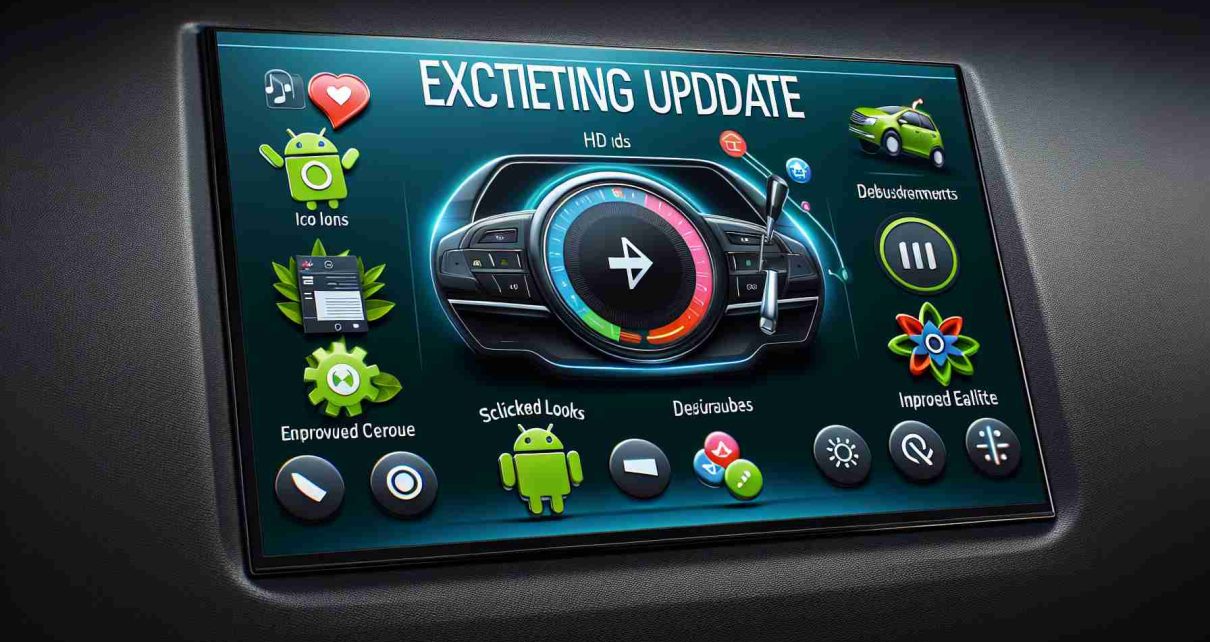 A realistic, HD image illustrating an exciting update for Android Auto. Include visible enhancements such as revamped icons, slicker looks, improved ease of usage and other notable design features. The overall impression should be of a fresh and modern user interface for an in-car infotainment system.