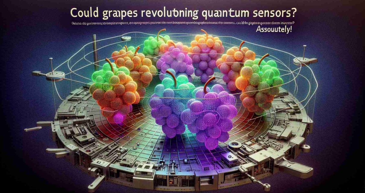 A 3D detailed artwork that visualizes the concept of grapes revolutionizing quantum sensors. In the center, there is a grape cluster, with each grape symbolizing a quantum sensor, glowing with vibrant colors to signify their activated state. They are surrounded by a mesh-like pattern representing the quantum field. The background is a technological base demonstrating the process of this innovation. The text at the top in bold letters reads 'Could Grapes Revolutionize Quantum Sensors? Absolutely!'