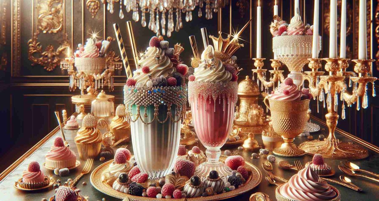 Generate a highly detailed and realistic picture of luxurious, extravagantly garnished milkshakes. They are to be placed on an opulent table setting spangled with high-end accessories, and richly-decorated , giving the impression of an astronomically high price tag. The lighting of the scene should infuse an element of disbelief, like something too good to be true.