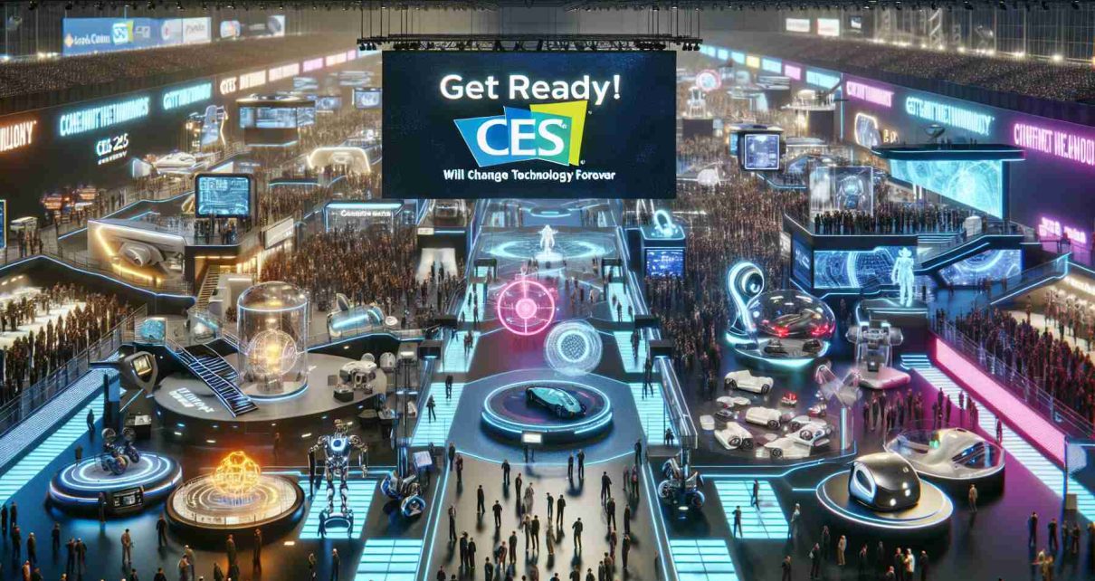 A highly detailed and realistic photo of an event set up for a tech convention named CES 2025. The image should feature futuristic technology exhibits, including AI robots, holographs, VR advancements and autonomous vehicles. The venue is brightly lit, with attendees eagerly exploring the exhibits. In the center should be a large banner that proclaims 'Get Ready! CES 2025 Will Change Technology Forever'. The overall tone should demonstrate excitement and anticipation for the advances in technology that the event promises.