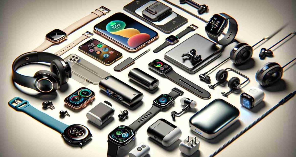 High-definition, realistic image showcasing top trending technology accessories for the year 2022. The image should contain various items such as smartwatches with sleek designs, the latest wireless earbuds, portable chargers with high capacity, modern lightweight laptops, and VR headsets. Each product should be carefully arranged to highlight its features and designs. Please include a variety of colors and materials and ensure the overall mood of the image is exciting and futuristic.