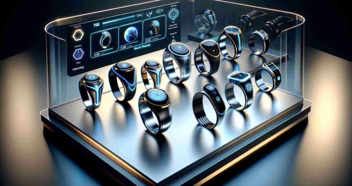 A lifelike high-definition image of an array of smart rings. Each ring showcases unique, futuristic designs and cutting-edge functions, symbolizing the new era of wearable technology. They are elegantly presented on a glass display stand under subtle, classy lighting. The scene also includes an interactive holographic display, explaining why these wearable devices are said to be the future of technology. The mood of the image is modern and technological.