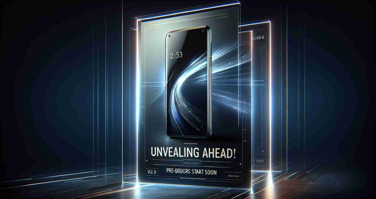 Realistic high-definition image of an exciting announcement scene hinting at an upcoming product pre-order. The main focus is a digitally designed poster showcasing a futuristic and elegant smartphone. The poster carries a tagline 'Unveiling Ahead! Pre-Orders Start Soon' creating an enthusiastic anticipation for the future.