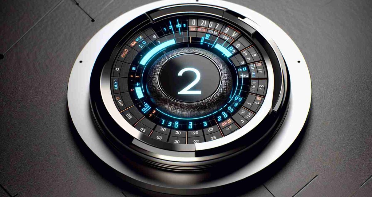 Generate a realistic high-definition image depicting an 'AirTag 2', a fictional second-generation tracking device. The device appears futuristic and cutting-edge, perhaps featuring enhanced digital interfaces or improved material finishes. Include a visual cue that implies an upcoming product launch sometime next year, like a calendar or countdown timer.