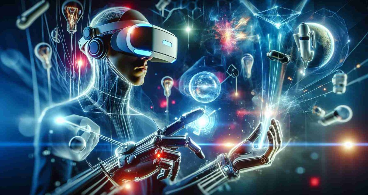 A quality HD image illustrating the exciting potential of virtual reality for the year 2024. The picture may showcase futuristic VR technology and equipment, such as sleek, modern VR headsets, tactile gloves, and interactive game scenes. Perhaps a user can be depicted fully immersed in a dynamic digital world, reflecting the transformative potential of VR in this not-so-distant future.