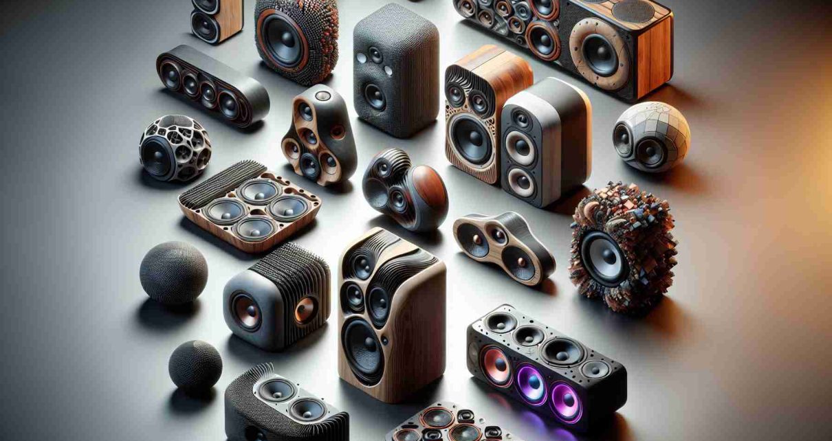 A high-definition, realistic image showcasing an array of unique speakers. These audio devices should be innovative in design, ranging from diverse shapes, sizes and colors. Some could be sculpted from organic materials like wood, while others can display futuristic aesthetics with metallic detailing or illuminated LED panels. Each speaker should represent a different way in which the listener's experience can be transformed, whether through enhanced sound quality, artistic design, or advanced technology.