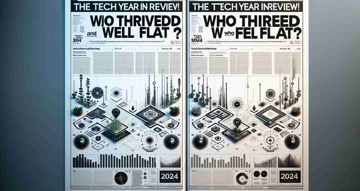 An HD designer's conception of a futuristic 2024 newspaper headline reading 'The Tech Year in Review! Who Thrived and Who Fell Flat?'. The front page is divided into two sections, with one half showcasing flourishing tech companies represented by iconic symbols of growth and innovation. The other half visually portrays stagnant or declining tech businesses symbolized by graphic representations of flat lines or downward trending arrows. The layout is modern, with interactive infographics and sleek fonts.