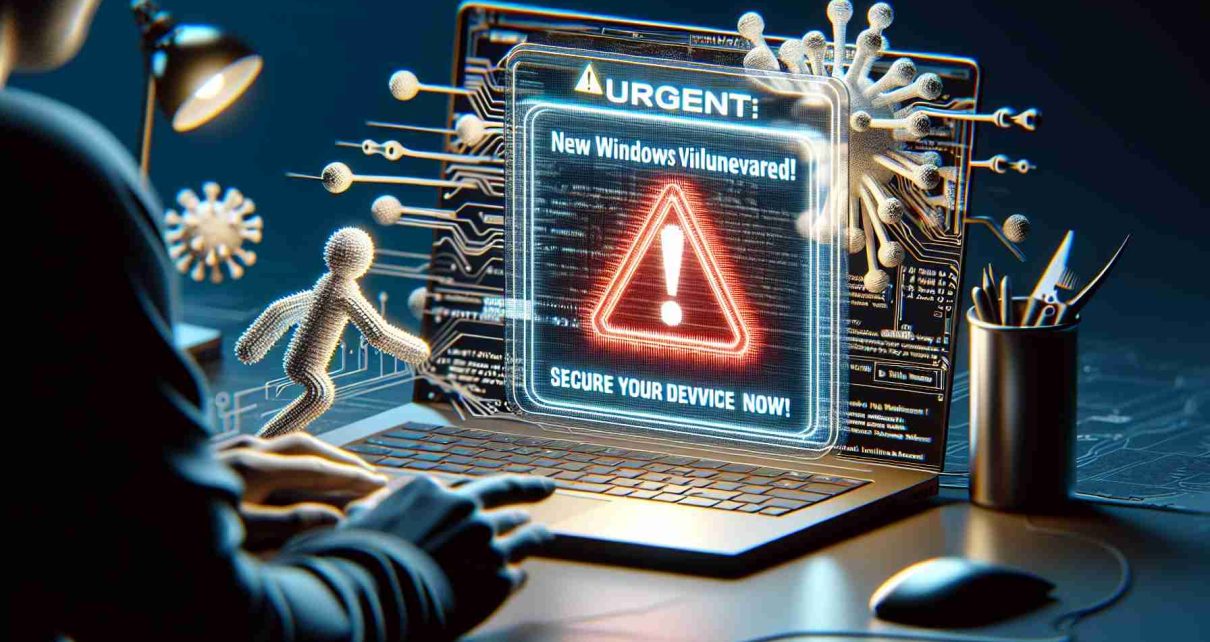 A detailed, high-definition image that represents the concept of 'Urgent: New Windows Vulnerability Discovered! Secure Your Device Now!'. This should include the visual representation of a computer screen showing an error message or a warning sign about the newly discovered vulnerability. The scene should convey a sense of urgency and the need for immediate action to secure the device.