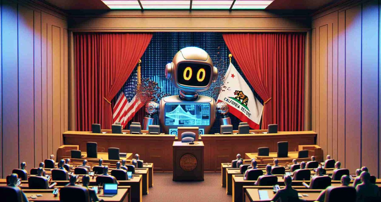 HD image representing the concept of 'AI Gone Wrong' captured through a symbolic representation, such as a broken robot or malfunctioning computer, inside a courtroom or legislative environment. The scene should be set in a way that conveys it's taking place in California, like the inclusion of recognizable California state symbols, like the state flag or Golden Gate Bridge. Avoid specific references to real politicians, laws or any potentially sensitive content.