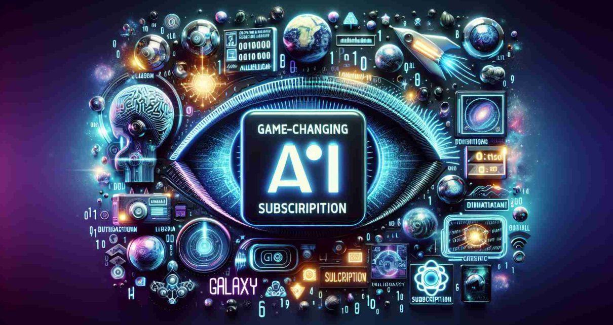 An image depicting a high-definition digital advertisement for a futuristic, game-changing AI subscription service from Galaxy. The image should capture the excitement and anticipation of innovation in technology, featuring elements such as glowing neon signs, futuristic fonts, and imaginative AI graphics. Incorporate imagery related to artificial intelligence such as binary code, neural networks, or robotic eyes, giving it a galactic theme with stars, planets, and galaxies.