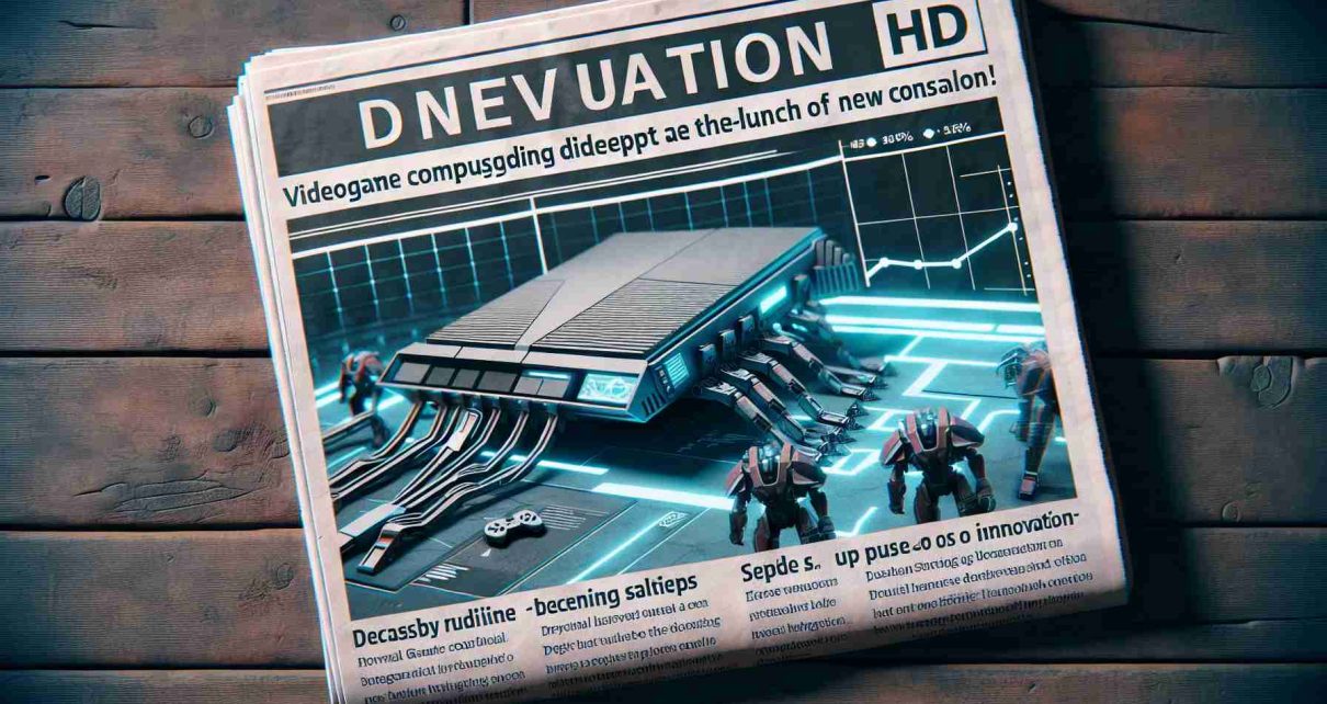 Generate a HD image of a fictional videogame company struggling despite the launch of a new console, hinting at a possible lack of innovation. Portray a newspaper headline expressing this concern, with an image of the futuristic console below it, and a graph showing declining sales referred to in the article.