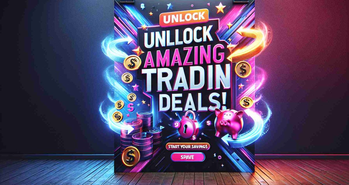 High-definition, realistic image of a promotional banner. The banner has an energizing, vibrant color scheme and features text that reads, 'Unlock Amazing Trade-In Deals! Start Your Savings Today'. The design also includes some eye-catching imagery related to savings and trade-ins, such as an open lock symbol to represent 'unlock', and a piggy bank or a bag of coins to represent 'savings'. The overall vibe of the banner is motivational and persuasive, intended to grab the viewer's attention and prompt them to explore more about these lucrative trade-in deals.