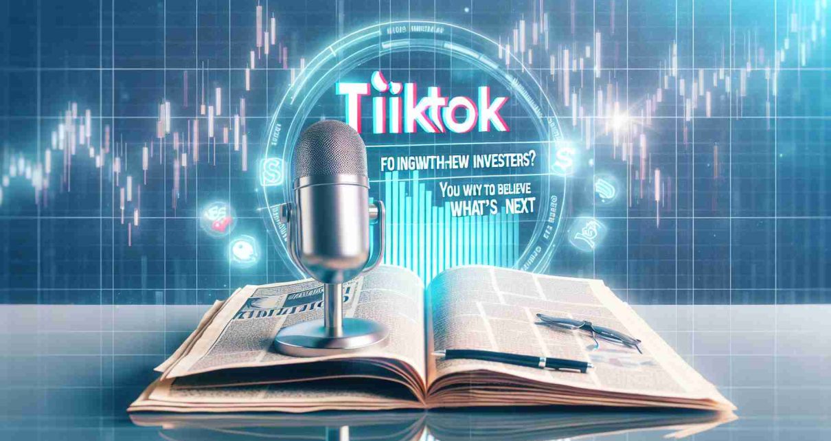 Create a high-definition, realistic image of a headline or news article with the title 'Is TikTok About to Join Forces with New Investors? You Won't Believe What’s Next.' Add elements such as a newspaper, a microphone to indicate a media conference, and the TikTok logo, layered on a background of financial charts implying investment trends.