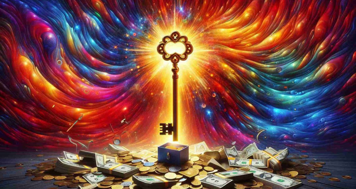 An image depicting the concept of unlocking endless content, represented as a brilliant, radiant golden key on a background of vibrant swirling colors. However, in the shadow of this brilliance, there's an ominous pile of coins, bills, and credit cards hinting at the hidden costs associated with this unlimited access.