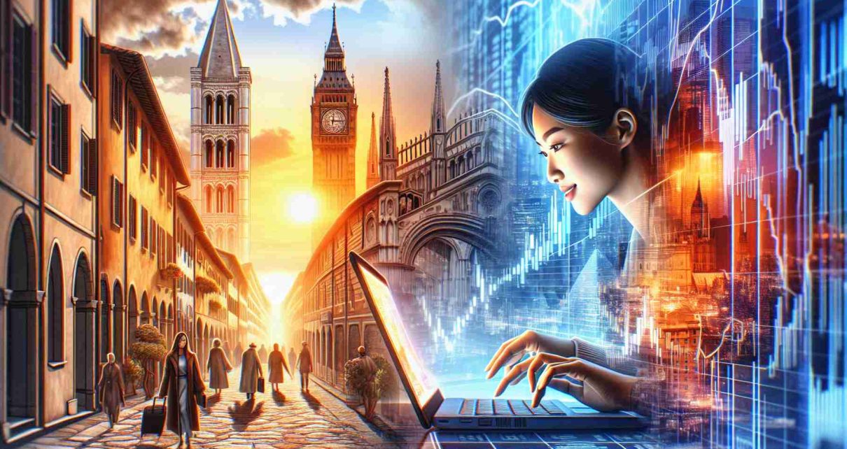 A high-definition, realistic illustration of a journey from Lucca, an old city with narrow alleyways and ancient architecture in Italy, to London, a bustling metropolis known for its iconic landmarks such as Big Ben and London Bridge. Along this journey, we see a visual representation of a transition from an individual in Lucca to evolving as the rising star in the finance world in London. Portray this individual as an Asian woman, fully engrossed in analyzing financial data on her laptop, radiating ambition, focus, and determination.