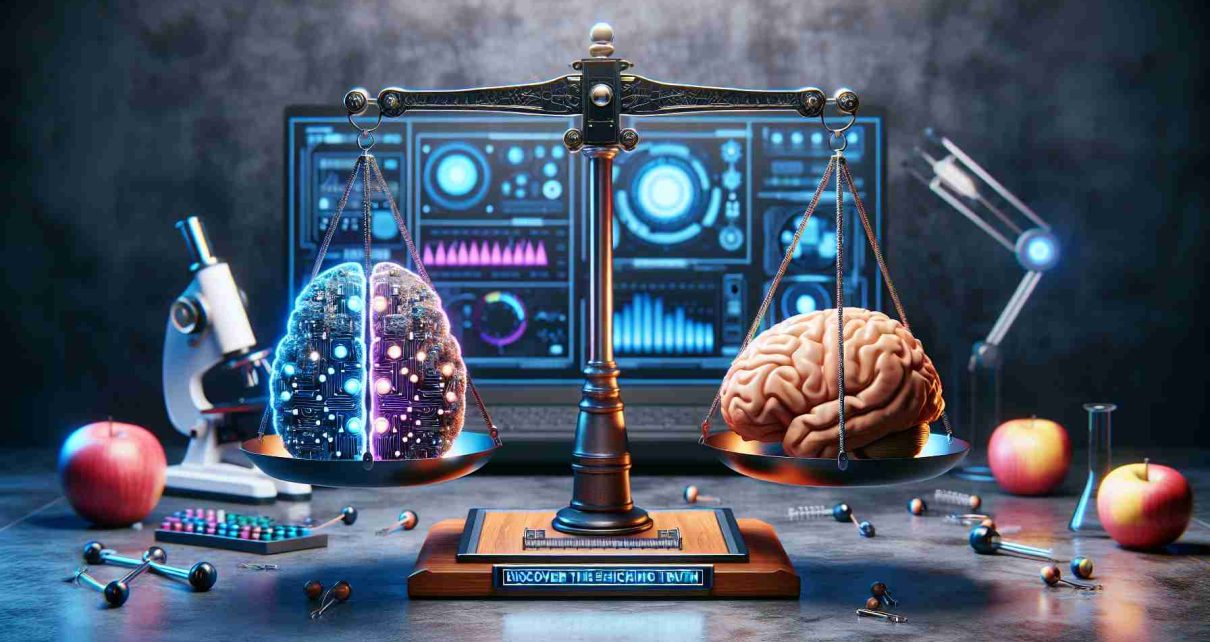 Generate a realistic, high-definition image symbolizing the concept 'Is AI Making Us Smarter or Dumber? Discover the Shocking Truth'. The scene should depict a balanced scale with one side holding a brain enhanced with circuits and technology symbolizing artificial intelligence, and the other side holding an ordinary brain. The scale is on a scientific workstation filled with various futuristic tech gear, reflecting the debate on the impact of AI on human intelligence.