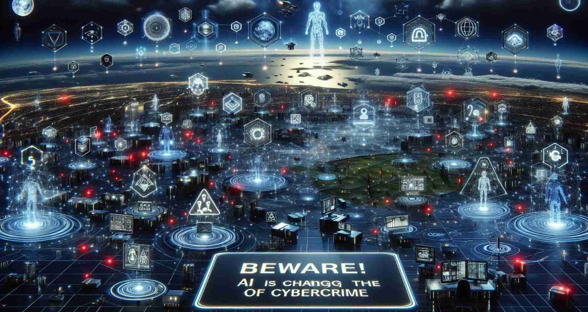 A highly detailed and realistic image showing a digital landscape with symbolic elements representing artificial intelligence and cybercrime. Features include network nodes, 3D holographic AI entities, futuristic interfaces, and various symbols associated with online security challenges. The landscape could be night time, with bright digital elements standing out. In the very front, a large, clear sign, reading 'Beware! AI is Changing the Game of Cybercrime', is present.