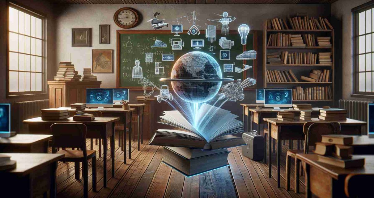 A high-definition, realistic image of a concept representing the revolution in education caused by artificial intelligence textbooks. Picture this scene: a traditional classroom with an old wooden desk and chalkboard transitioning into a modern learning environment with sleek computers and holographic lessons. Between them, a 3D hologram of an AI-assisted textbook hovers, illustrating a pivotal evolution point.