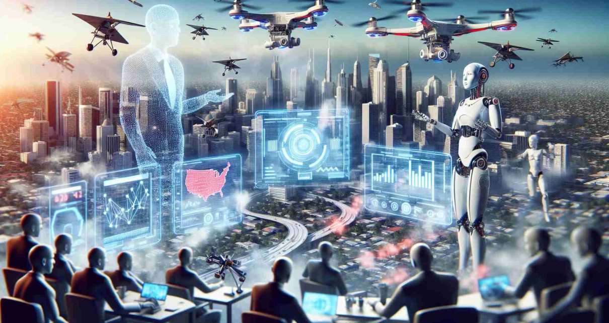 Create a realistic, high-definition image representing the concept of artificial intelligence being the future of politics, indicating that this reality might be closer than we think. Include elements such as a futuristic cityscape, flying drones, interactive screens displaying real-time data, and humanoid robots engaged in political debates. Avoid including any specific politicians or identifiable figures.