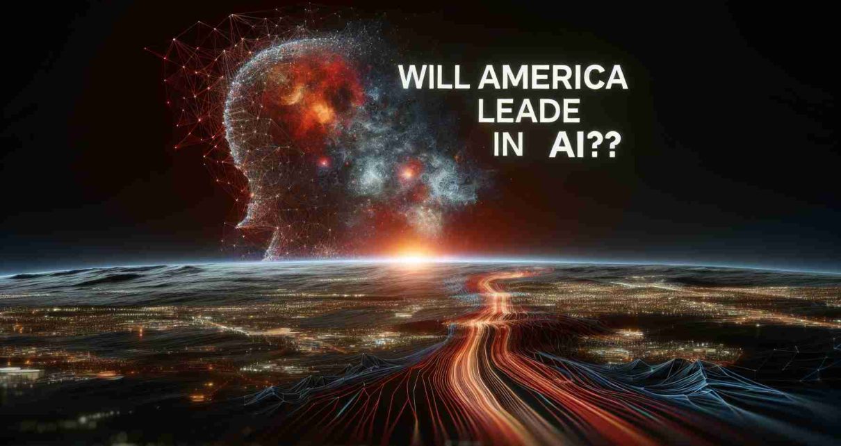 High definition image of an abstract representation of the concept of Bold Claims, relating to the leading position America potentially holds in AI. Envision a dramatic landscape with dense digital networks interwoven, symbolizing artificial intelligence. Above, place bold text stating 'Will America Lead in AI?'.