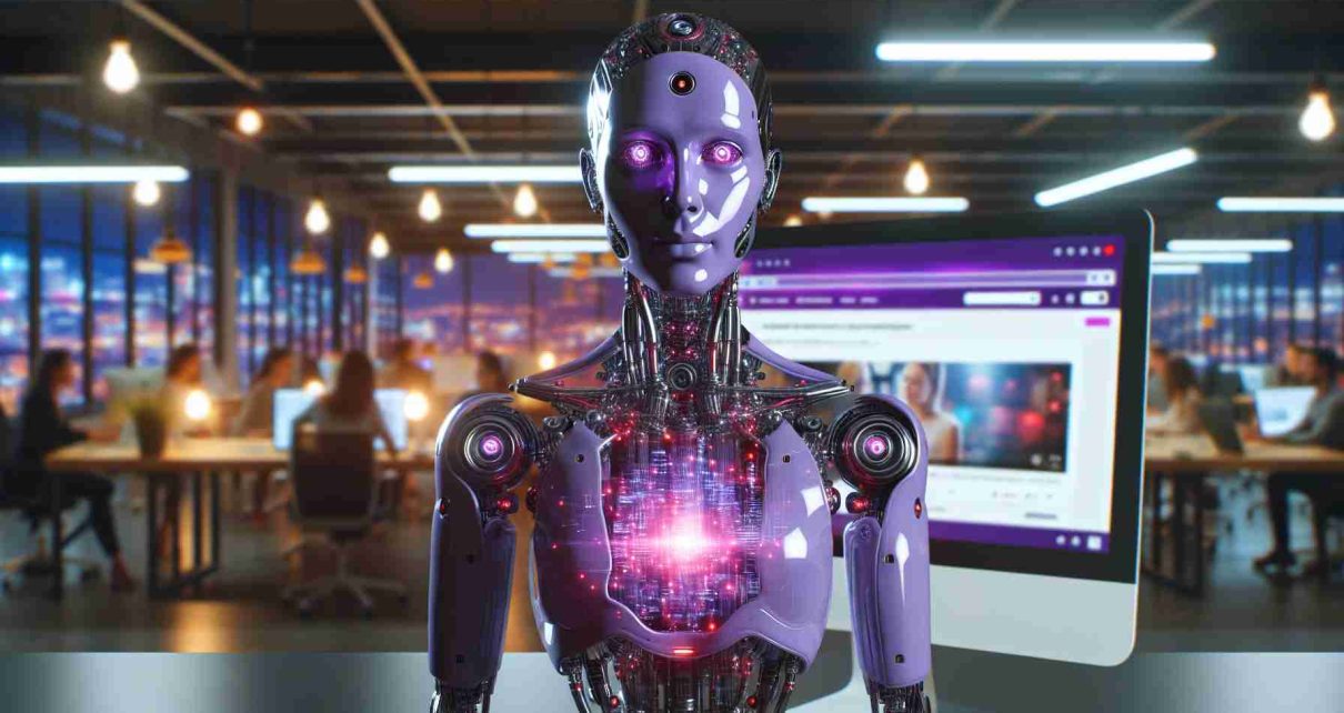 Realistic high-definition image of a visually captivating, violet-hued entity with distinctive robotic features, set against the backdrop of a bustling tech startup office. The entity represents an emerging Artificial Intelligence (AI). In the foreground, a computer screen shows a popular short-video social media platform interface, hinting at potential business acquisition talks.