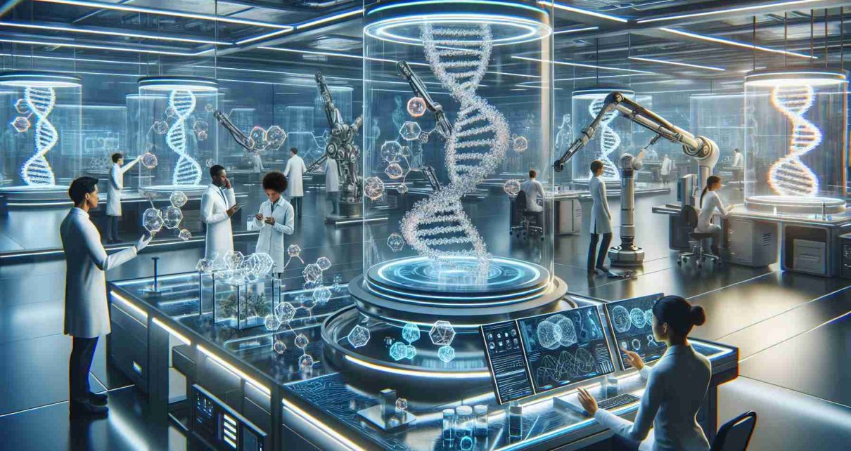 A high-definition, realistic image showcasing the concept of 'Revolutionizing the Future: 10 Cutting-Edge Bio Technologies'. This includes a futuristic laboratory setting with top-of-the-line equipment, 3D-models or holograms of complex molecular structures, and advanced machinery devoted to research and development. Human presence can be depicted by researchers of varied gender and descent, such as a Black female scientist examining a transparent display and an Asian male scientist interacting with a robotic arm. They are all focused, portraying the continuous striving for advancements in the field of Biotechnology. The environment conveys an ambiance of innovation, discovery, and the astounding potential of science.