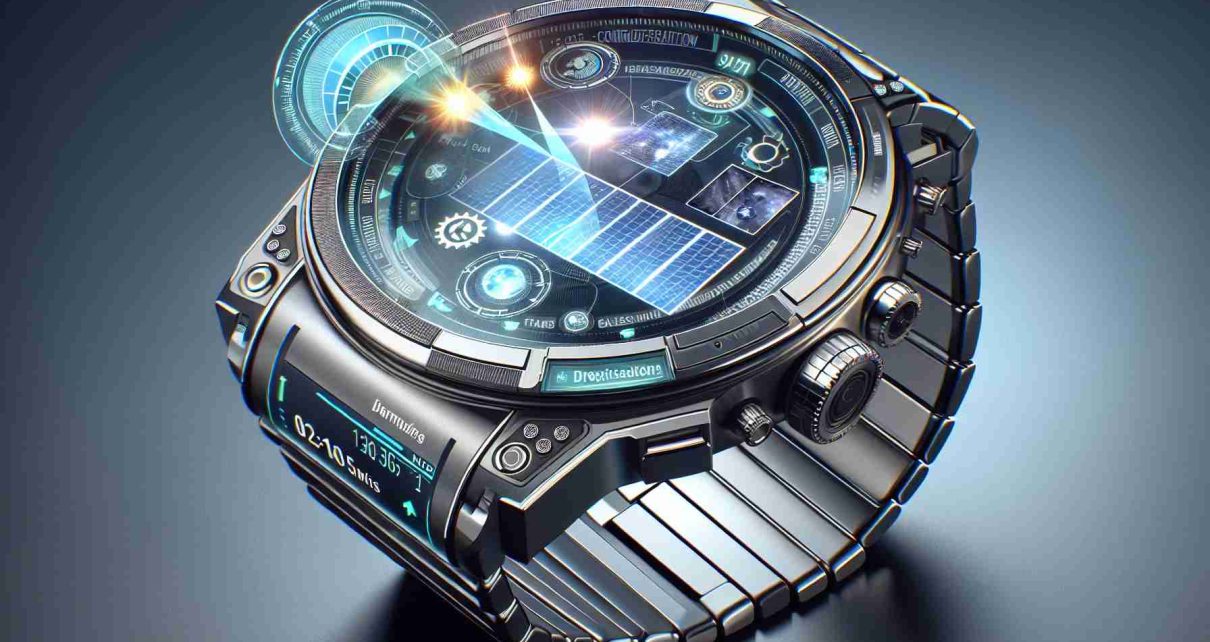 Generate a high definition, realistic image of a futuristic smartwatch. The design should demonstrate cutting-edge technology and surprising, innovative features. Perhaps it displays holographic projections, solar charging capabilities, or even AI personal assistant integration. The image should exude a sense of discovery and excitement about this potential vision for the advancements in wearable technology.