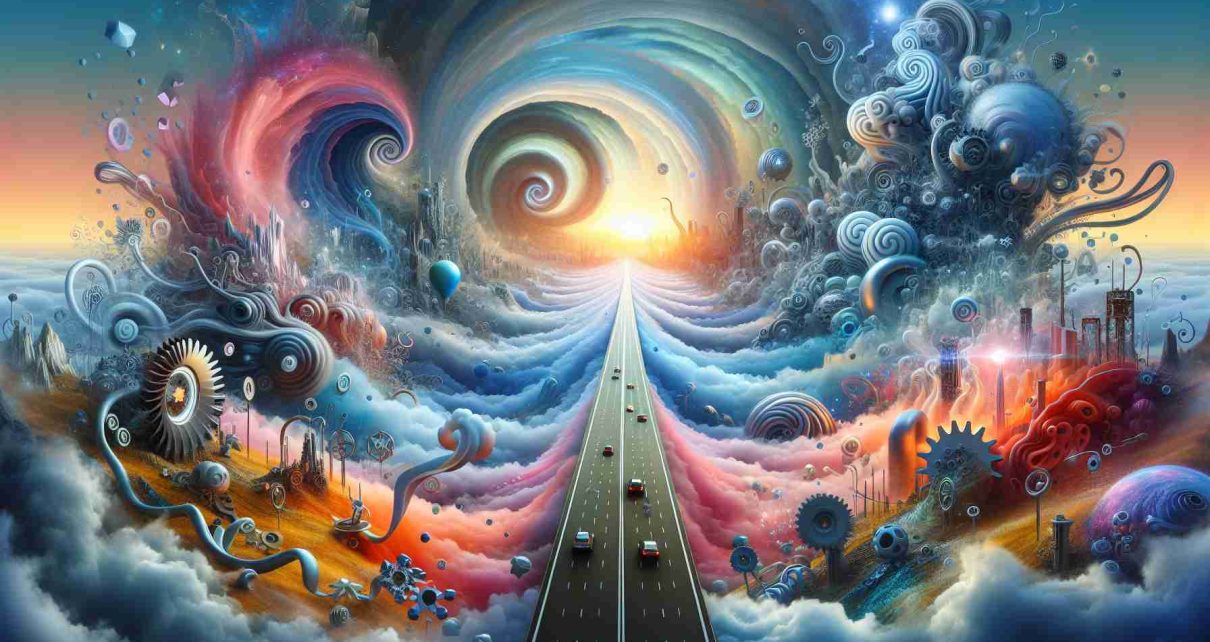 A metaphorical representation of the future of Generative AI. The image consists of a surreal landscape that symbolizes unpredictable and surprising developments. There should be a grand road stretching into the distance, symbolizing advancement in technology, with swirling forms on either side showcasing the surprises and unpredictability. The road should be surrounded by various symbols of AI, such as robots, neural network structures, or gears. The environment is clouded in mystery, with an array of spectacular colors in the sky that create a sense of curiosity and wonder.