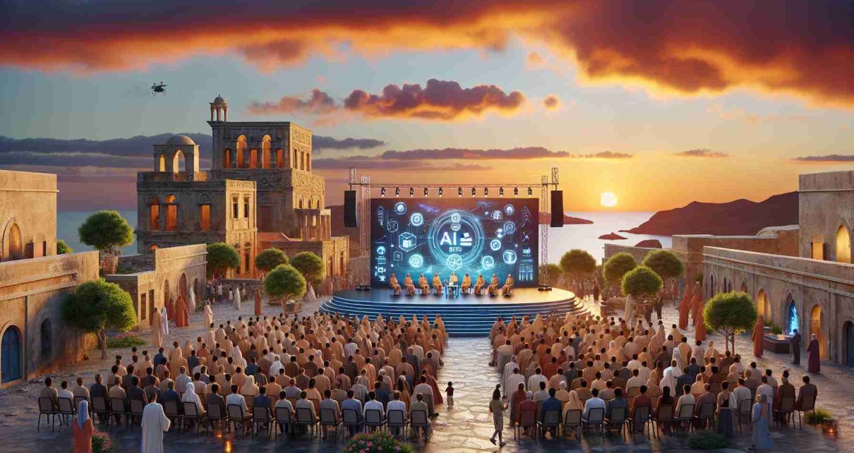 Create a high-definition, realistic depiction of a unique event entitled 'Unlock the Secrets of AI Ethics' set on the beautiful island of Crete. Visualize an outdoor setup with ancient buildings in the background, a stage adorned with technology and AI visuals, and a crowd of diverse ethnicities engrossed in the speakers' discussion. Use the stunning sunset as a backdrop, with rich orange hues stretching across the sky.