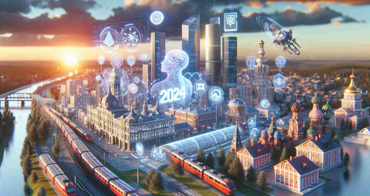 High-definition, realistic visual representation of the year 2024 illustrating a revolution in technology, specifically Artificial Intelligence, within a Russian setting. The scene includes representation of various companies incorporating and embracing advanced AI technology within their day-to-day operations.