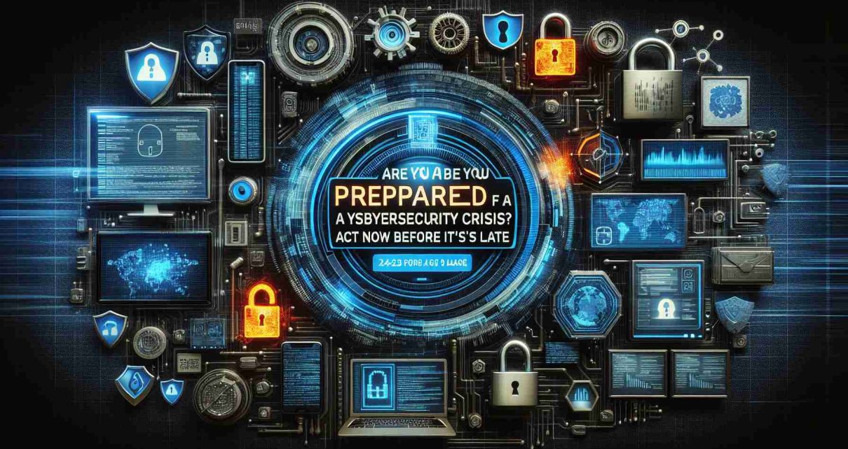 Generate an image that visually depicts the phrase 'Are You Prepared for a Cybersecurity Crisis? Act Now Before It's Too Late'. It should be a realistic, HD image that contains elements associated with cybersecurity such as digital locks, firewalls, computer code, and a sense of time urgency.