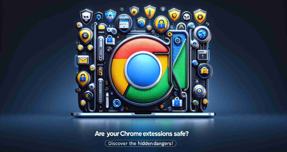 Generate a high-definition, realistic image that features a digital representation of the Google Chrome browser interface, showcasing an array of different extensions. The extensions should be presented in a way that causes intrigue about their safety, perhaps by introducing visual elements such as shield or lock icons to indicate security concerns. Accompany this representation with the text, 'Are Your Chrome Extensions Safe? Discover the Hidden Dangers!'