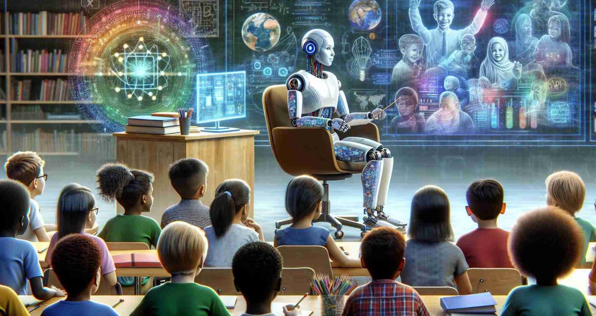 A highly detailed, realistic illustration featuring an abstract representation of the integration of artificial intelligence in education. This scene includes a humanoid robot comfortably seated, engrossed in teaching a diverse group of children of various descents such as Caucasian, Hispanic, Black, Middle-Eastern, and South Asian. Next to the robot is a futuristic, holographic display showing complex algorithms and educational resources. In the background, various AI-assisted teaching tools are visible, such as smartboards and virtual reality equipment. The atmosphere is lively and bright, signifying the positive potential of AI in revolutionizing education.