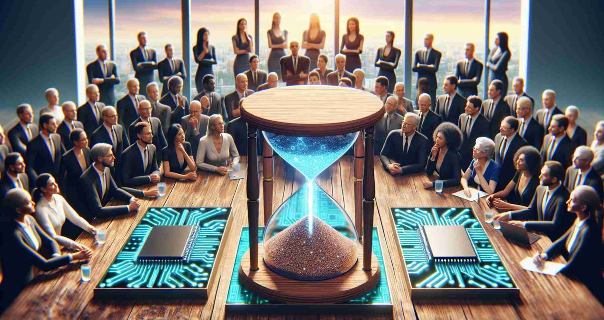 A realistic, high-definition image representing the concept of optimism among Sweden's CEOs contrasted against the slow pace of Artificial Intelligence adoption in the country. The image could be a tableaux of a hopeful group of CEOs, gender and descent diversely represented, engaged in a meeting, while a digital hourglass in the foreground symbolizes the lagging AI integration, with sand grains shaped like microchips falling slowly.