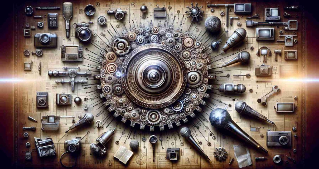 A highly detailed and realistic image representing the revolutionary impact of artificial intelligence on media. The image could feature symbolic elements such as a large gear turning smaller gears (symbolizing AI), amidst representations of various media tools like microphones, cameras, newspapers, and television screens. Don't forget to insert a large and bold text at the bottom saying 'You Won’t Believe the Changes Ahead' to emphasize the anticipation about the future of AI in media.