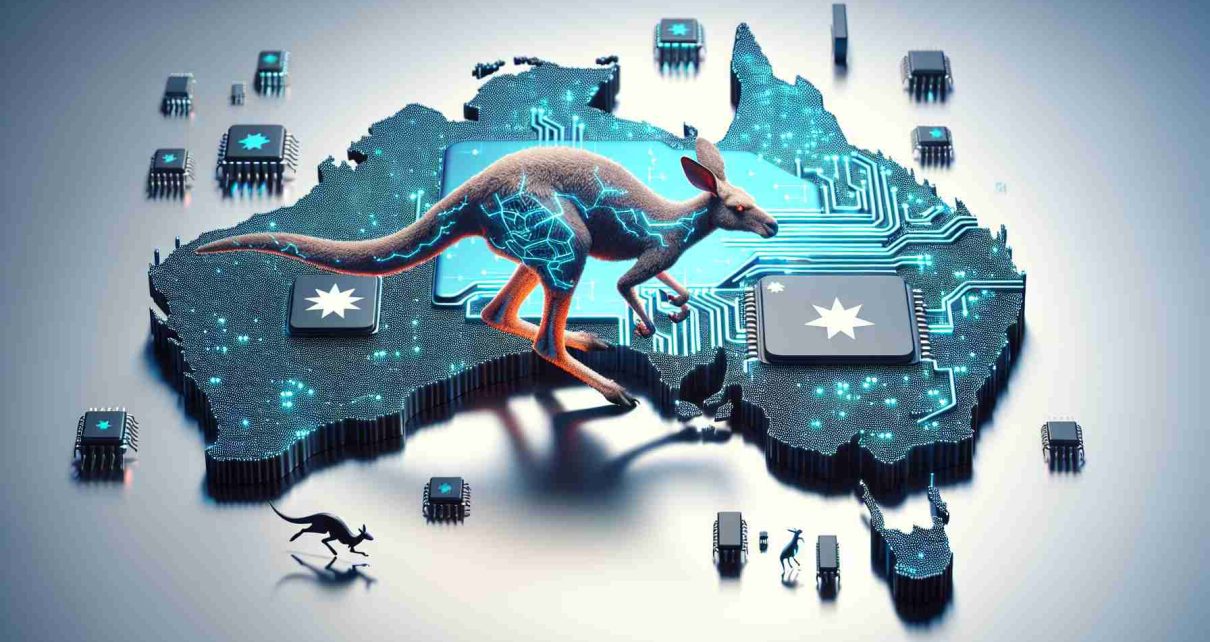 An HD, realistic image portraying Australia at the forefront of AI technology. Illustrate a symbolic representation, such as a map of Australia with different AI icons scattered across it or a kangaroo hopping forward with a chip integrated into its design, denoting its advancements. The image should highlight the concept of this smaller nation competing and potentially outpacing larger, more established tech powerhouses.