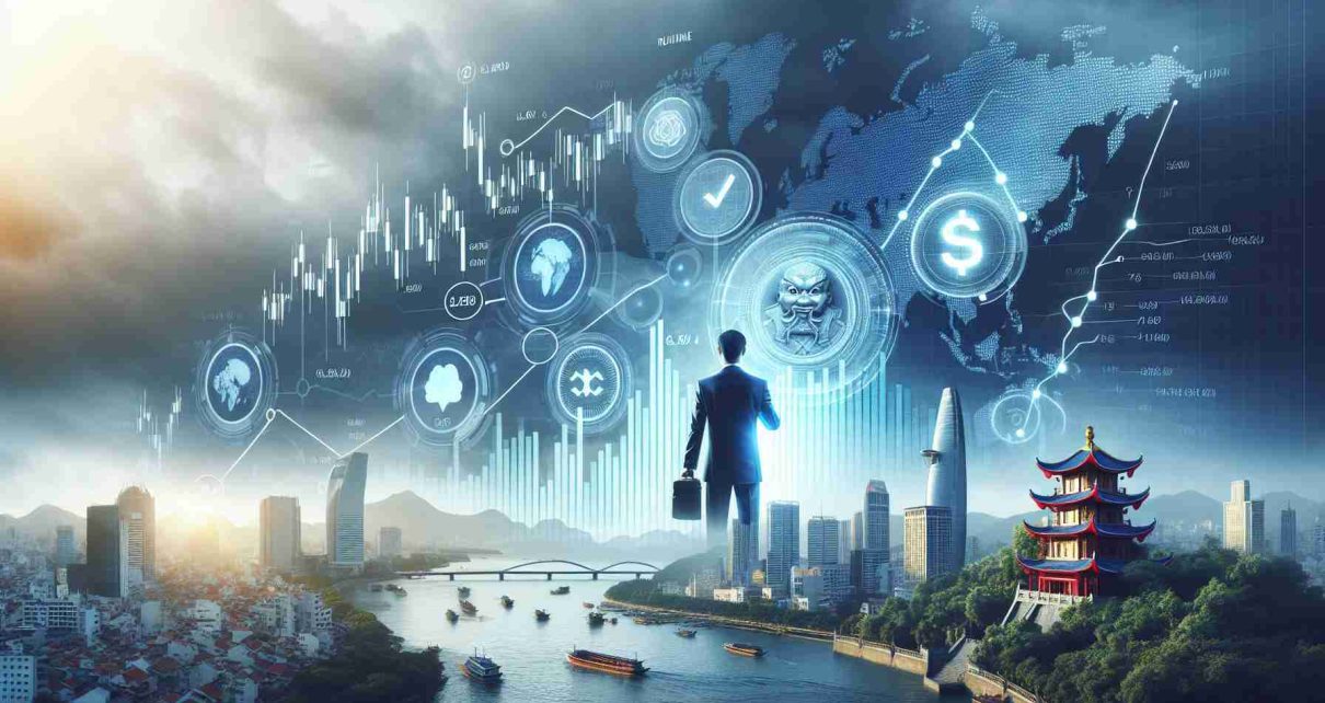 A realistic high-definition image that symbolizes the potential effects of an influential businessman's return on Vietnam's economy, including various insights and indicators such as fluctuating market graphs, currency symbols and Vietnamese landscapes.