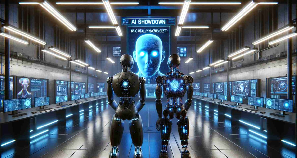 Create a highly detailed, realistic image of a scene dubbed 'AI Showdown: Who Really Knows Best?' containing two humanoid artificial intelligence robots with glowingly illuminated blue eyes. They are facing each other in a standoff positioned inside a high-tech, futuristic room filled with computer terminals and holographic displays. The atmosphere is highly electric, indicating a high-stakes competition. Fluorescent lights hanging from a steel ceiling give the scene a cold, modern ambience. On a large display in the background, the caption 'AI Showdown: Who Really Knows Best?' is prominently featured.