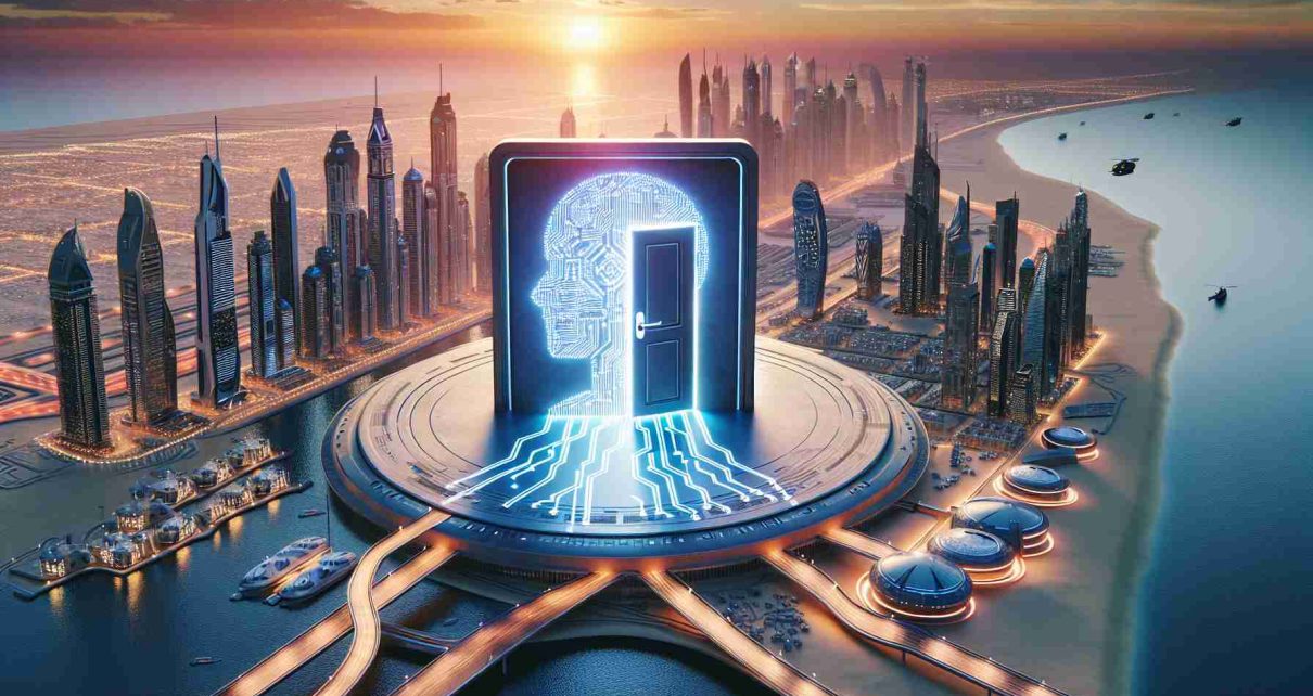 A realistic high-definition photographic depiction of the concept of 'unlocking AI advancement'. This scene is set in a futuristic cityscape resembling Dubai, characterized by its unique blend of cutting-edge architecture and traditional Middle Eastern designs. The main focus is on the initiative to advance AI technology, represented by a symbolic door being unlocked by a growing city. This door is a futuristic AI interface glowing with lines of running code, while in the distance, behind it, AI-powered skyscrapers and smart infrastructures shine under the setting sun.