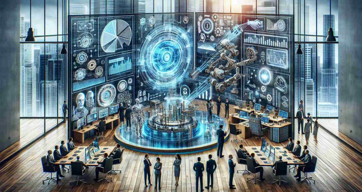 A highly detailed, realistic image represents the concept of 'Revolutionizing Business: How AI Investment Is Shaping Industries'. The scene depicts a fusion of technology and business elements. A contemporary office space is displayed with people of various genders and descents. Current AI technologies, such as an advanced computer with holographic displays and complex algorithms, automated machines, robotic arms, and strategy charts are present. All these are juxtaposed with traditional business elements like skyscraper windows in the background, business attire, and meeting rooms. The moods of commitment, innovation, and progress permeate the image.