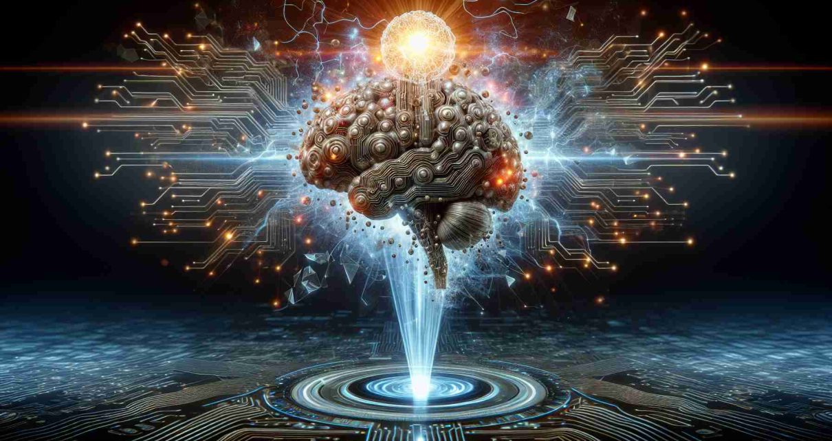 An ultra-high-definition photo portraying the concept of an artificial intelligence explosion. The scene contains symbolic elements such as a stylized depiction of a brain intricately connected with circuitry, suggesting the evolution of AI towards a state of general intelligence. The brain should be surrounded by a bright, exploding light, symbolizing that the leap towards this advancement is just around the corner. This is set against a digital, futuristic background.